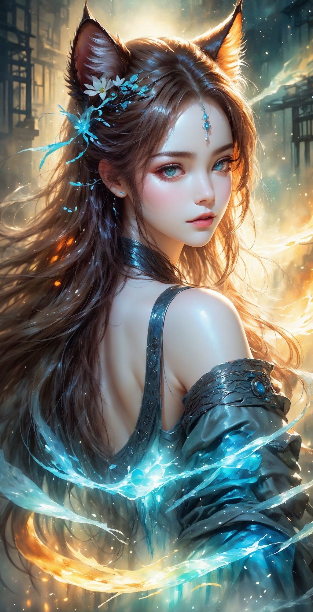 (bare shoulders::0.75),Glowing ambiance,enchanting radiance,luminous lighting,ethereal atmosphere,mesmerizing glow,evocative hues,captivating coloration,dramatic lighting,enchanting aura,1girl,masterpiece,best quality,1girl,(in smoke::1.1),(dynamic smokeanywhere::1.4),(upper body::1.2),1 Chinese patterns in the middle of the girl's forehead,girl with a weak temperament,epic cinematic,soft nature lights,rim light,absurd,amazing,funny,itricate,hyper detailed,ultra realistic,soft colors,white flower,pink flowers,zhongfenghua,guofeng,japanese clothes,yuyao,1 girl,black pantyhose,qzfuling,huliya,bchiron,{blue|black|red|white} bchiron,xiaoyemao,cyborg