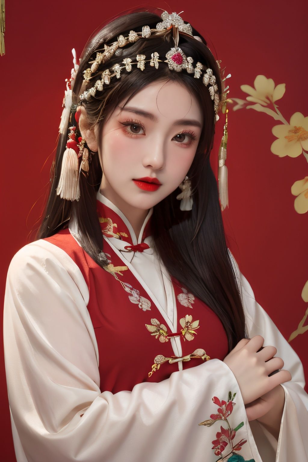  moyou,1girl,solo,long hair,black hair,jewelry,hair ornament,long sleeves,red background,upper body,looking at viewer,lips,flower,chinese clothes,realistic,headdress,traditional clothes,red lips,closed mouth, chinese_opera_jing