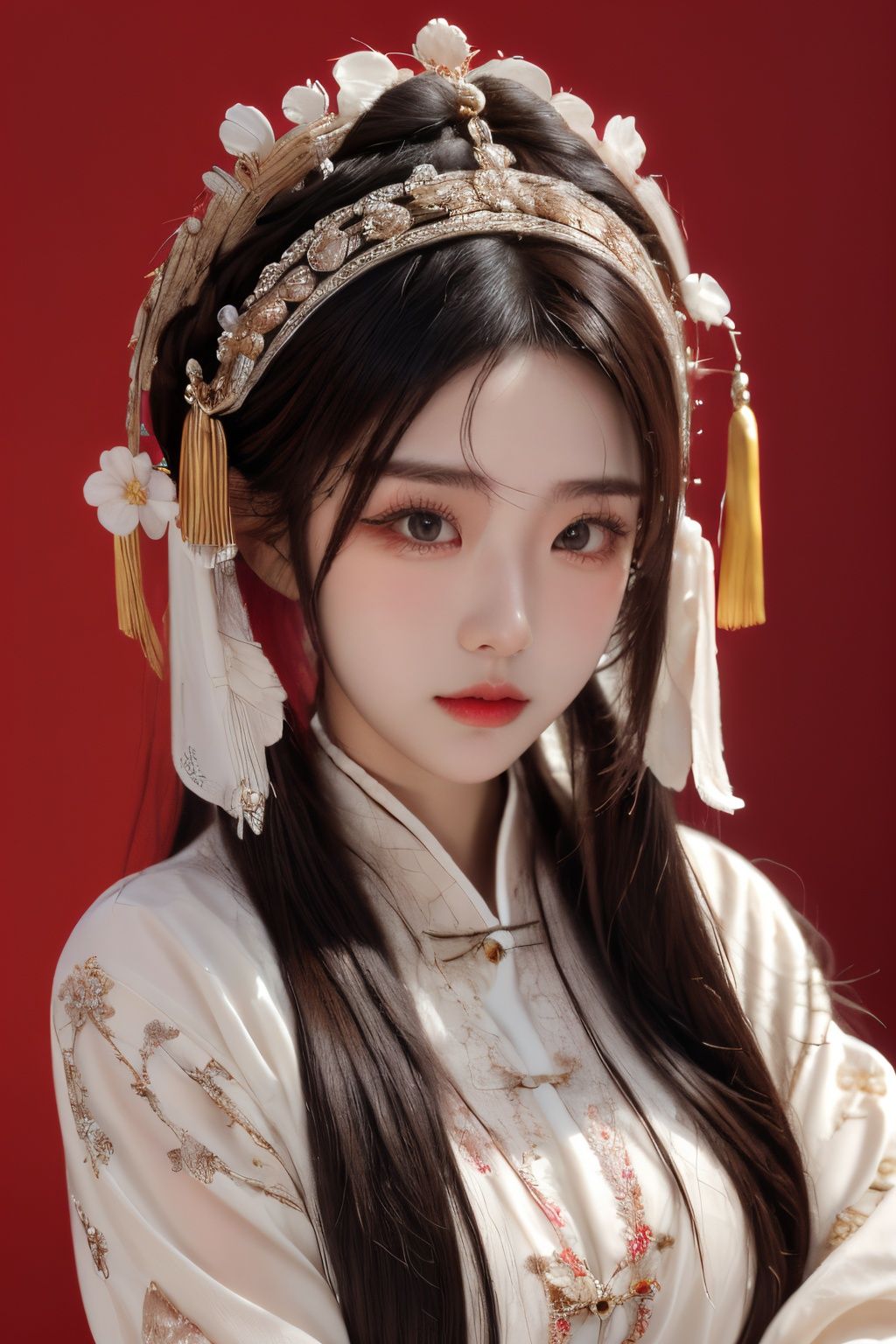  moyou,1girl,solo,long hair,black hair,jewelry,hair ornament,long sleeves,red background,upper body,looking at viewer,lips,flower,chinese clothes,realistic,headdress,traditional clothes,red lips,closed mouth, chinese_opera_jing