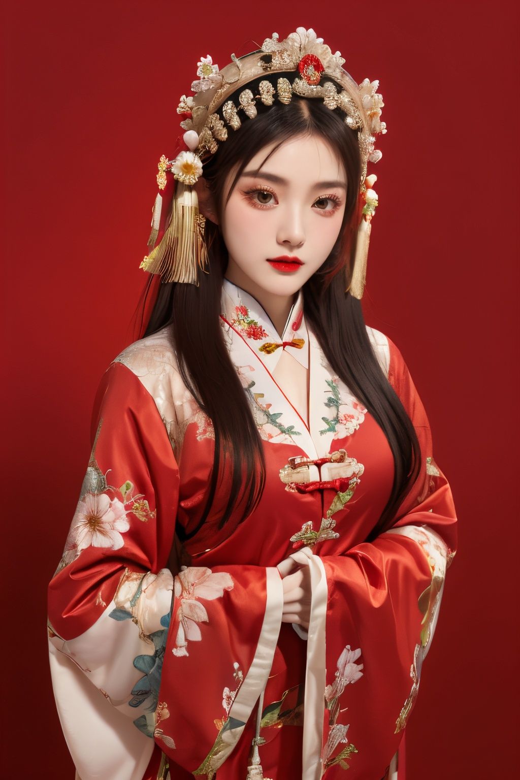  moyou,1girl,solo,long hair,black hair,jewelry,hair ornament,long sleeves,red background,upper body,looking at viewer,lips,flower,chinese clothes,realistic,headdress,traditional clothes,red lips,closed mouth, chinese_opera_jing