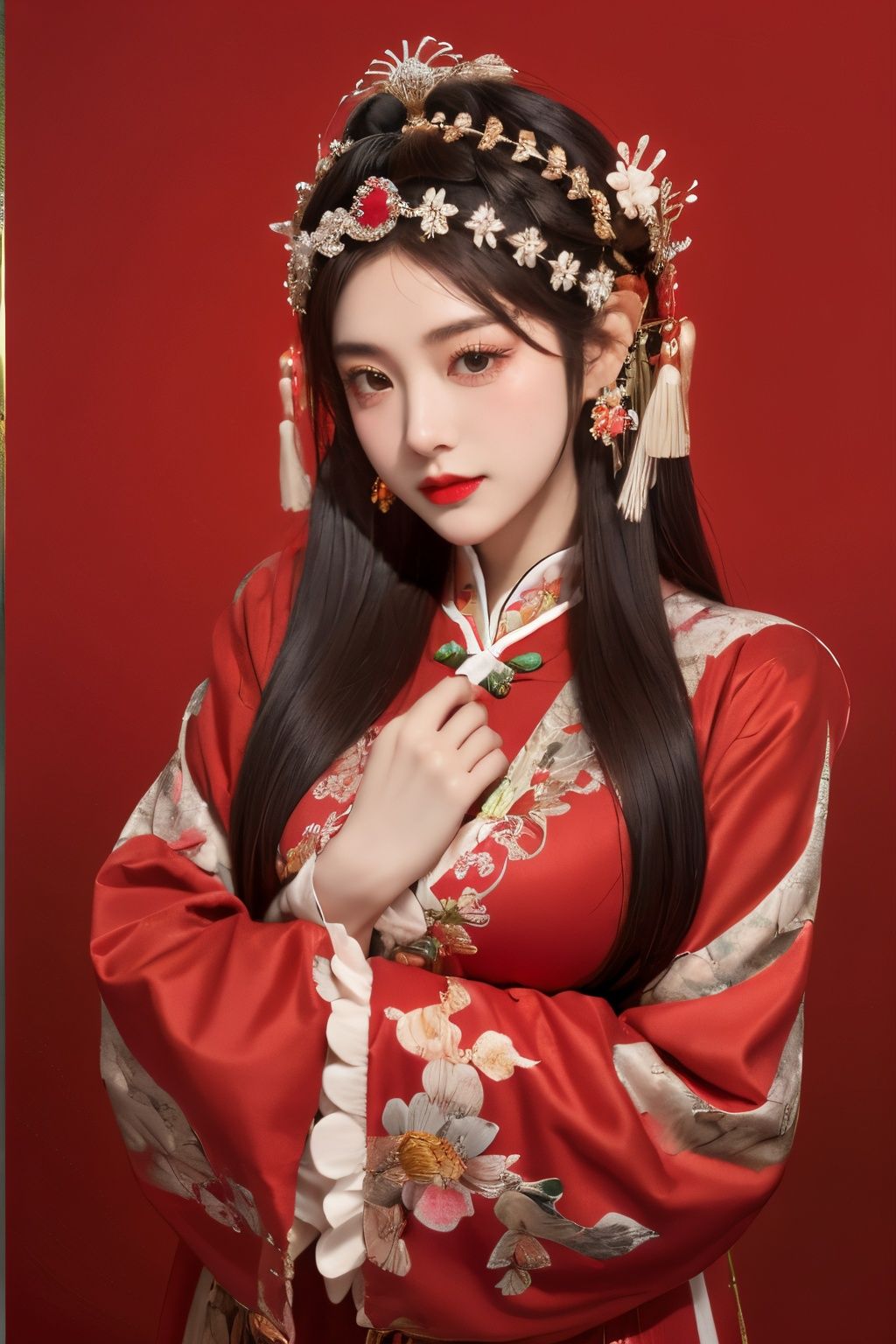  moyou,1girl,solo,long hair,black hair,jewelry,hair ornament,long sleeves,red background,upper body,looking at viewer,lips,flower,chinese clothes,realistic,headdress,traditional clothes,red lips,closed mouth, chinese_opera_jing