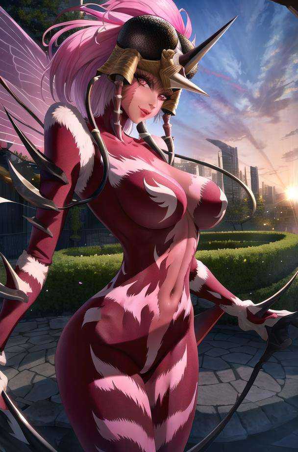 ((masterpiece)),((best quality)),((absurdres)),((ornate)),<lora:MosquitoGirl_aiwaifu_v50:0.9>,straight-on,close-up,pose,looking_at_viewer,MosquitoGirl_red,aiwaifu,pink_hair,breasts,pink_hair,weapon,horns,beautiful eyes,dark_skin,large_breasts,very_long_hair,wings,animal_print,holding_weapon,bodysuit,bug,colored_skin,demon_girl,helmet,monster_girl,navel,striped,thighhighs,toned,curvy,picture-perfect face, narrow waist, solo,flawless,mature_female,alluring,outdoors,arch,architecture,garden,stream,gradient_sky,twilight,petals,magic,sunset,sidelighting,light_particles,blurry_background,colorful,bokeh,(novel_illustration:1.2),(incredibly_absurdres:1.2),(depth_of_field:1.2),(scenery:1.2),(realistic:1.2),(masterpiece:1.2),