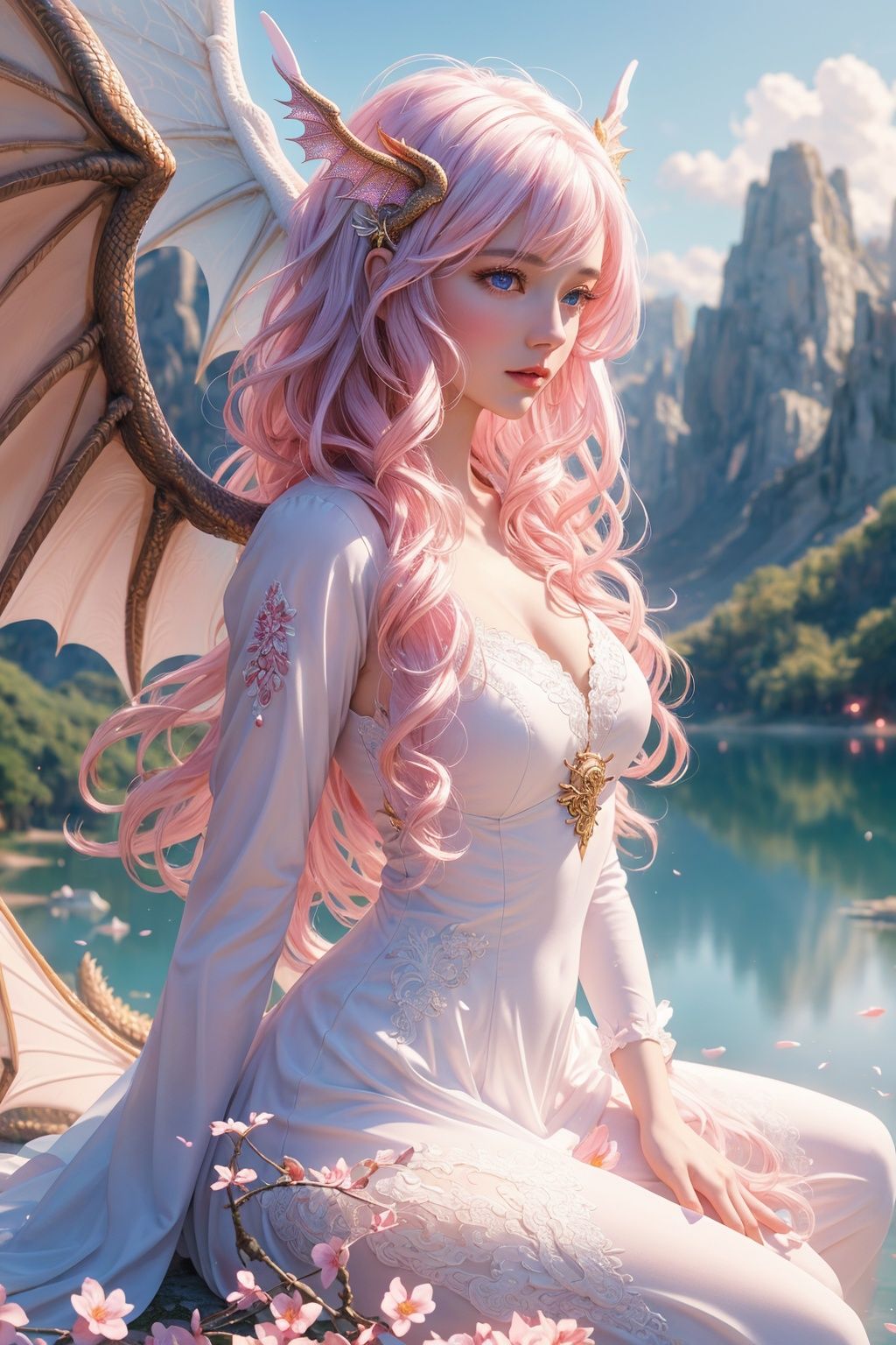 masterpiece,  1 girl,  Extremely beautiful woman sitting at the edge of a lake with very large glowing dragon wings on Ten...