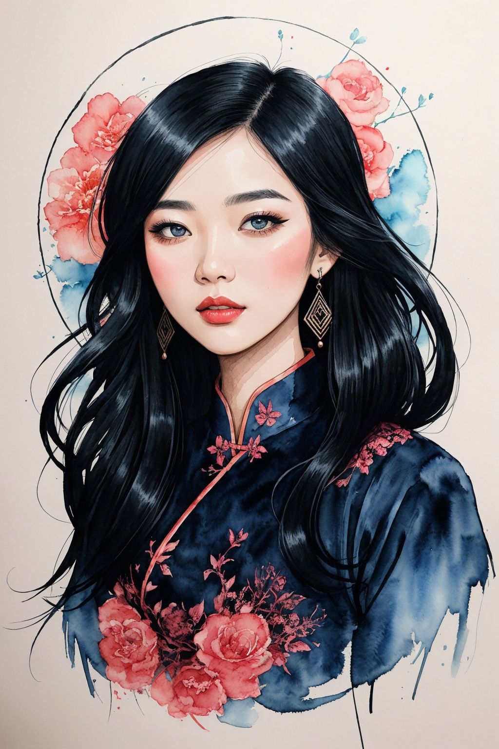 zoomed out Ink drawing of Vietnamese head lady,  moden ao Dai,  Peter Draws on Tensor.Art