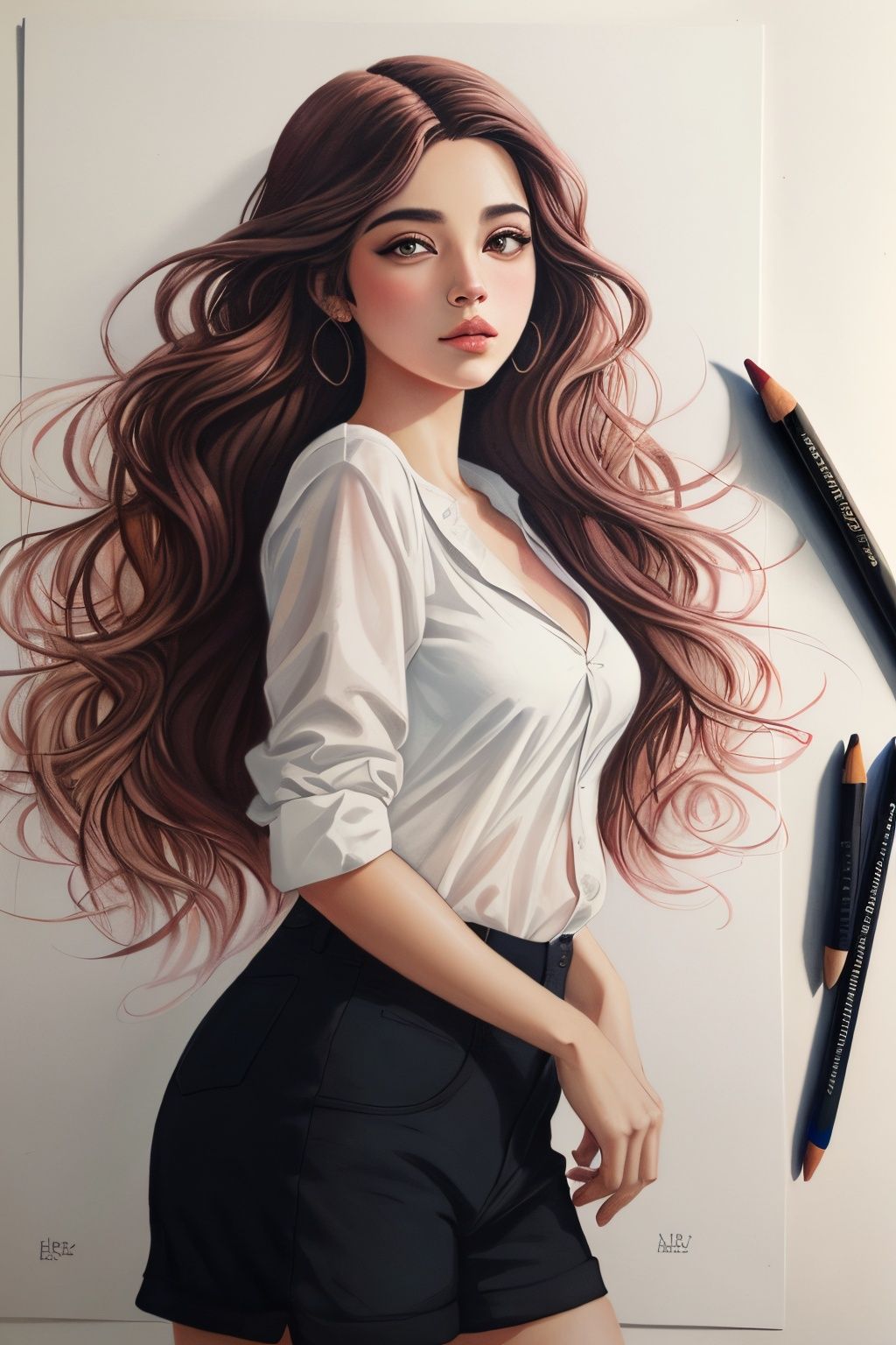 desenho de uma mulher de 18 anos com cabelo preto e camisa listrada,  desenho colorido,  esboço colorido on Tensor.Art