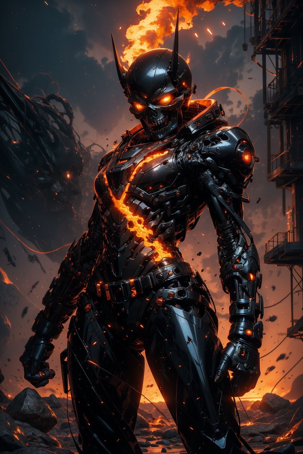 one woman,  ((evil skull head with sharp teeth)),  fire-around on Tensor.Art