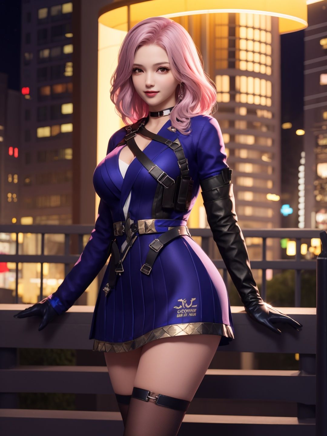 CFyunyouyouBW, 1girl, solo, pink hair, choker, dress, asymmetrical legwear, elbow gloves, belt,holster,  breasts, jewelry,cityscape, night, looking at viewer, mature female,<lora:CFyunyouyouBWi:0.75>,light smile, cowboy shot, 