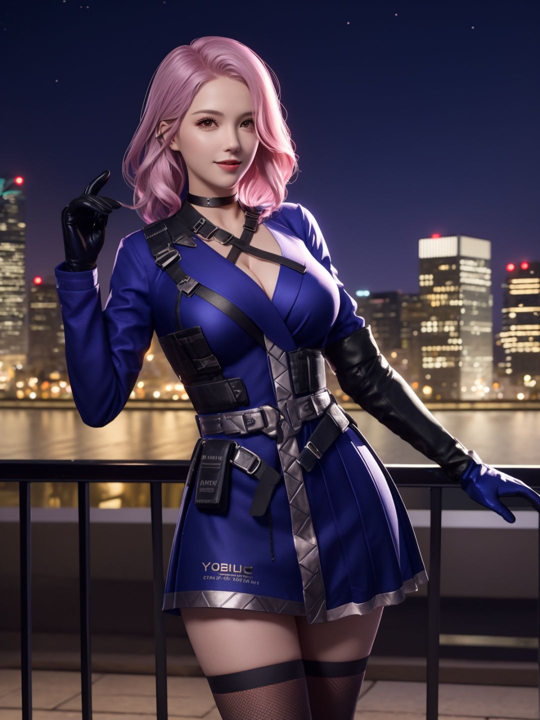 CFyunyouyouBW, 1girl, solo, pink hair, choker, dress, asymmetrical legwear, elbow gloves, belt,holster,  breasts, jewelry,cityscape, night, looking at viewer, mature female,<lora:CFyunyouyouBWi:0.75>,light smile, cowboy shot, 