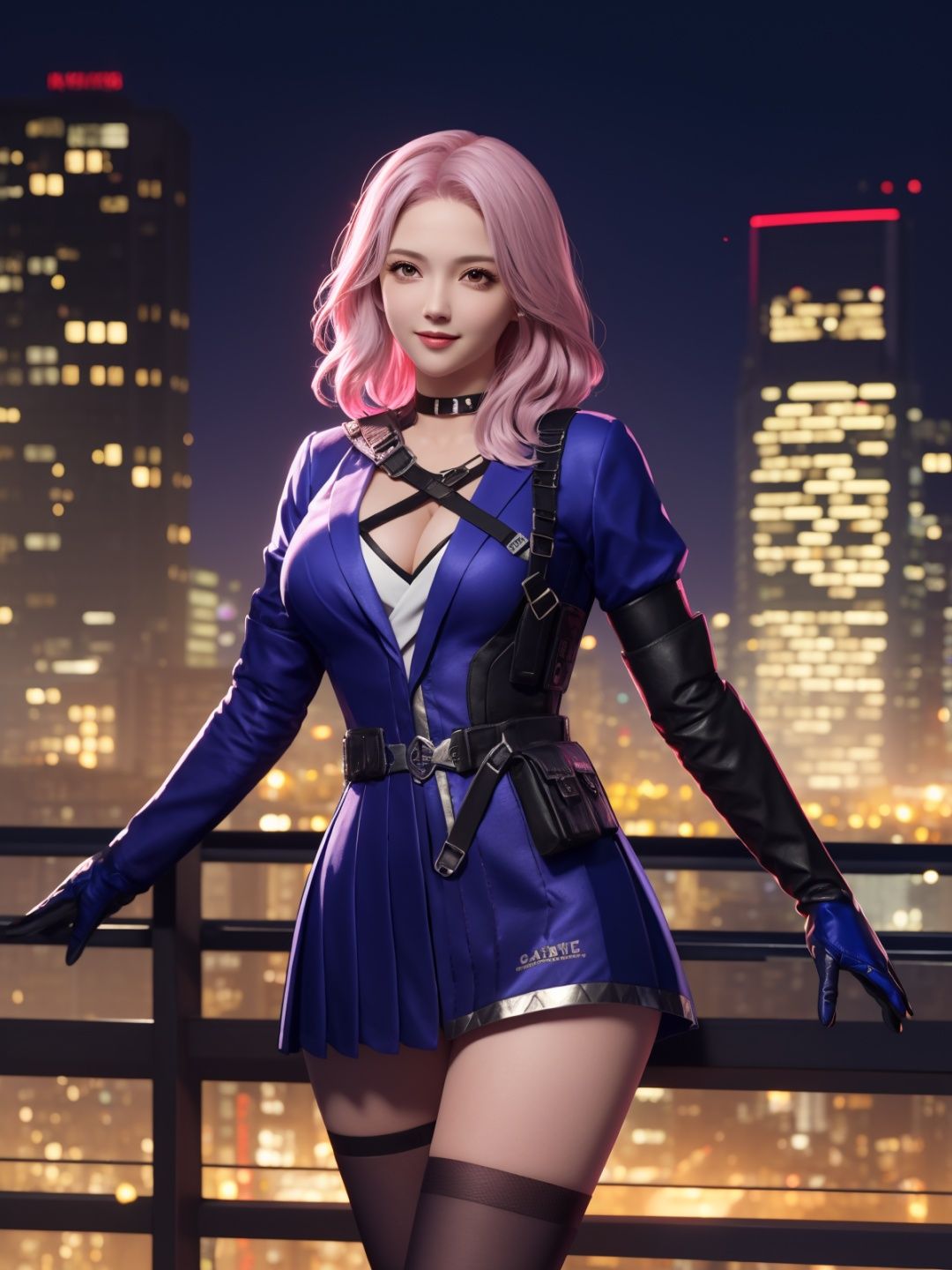 CFyunyouyouBW, 1girl, solo, pink hair, choker, dress, asymmetrical legwear, elbow gloves, belt,holster,  breasts, jewelry,cityscape, night, looking at viewer, mature female,<lora:CFyunyouyouBWi:0.75>,light smile, cowboy shot, 