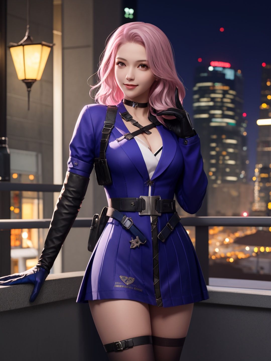 CFyunyouyouBW, 1girl, solo, pink hair, choker, dress, asymmetrical legwear, elbow gloves, belt,holster,  breasts, jewelry,cityscape, night, looking at viewer, mature female,<lora:CFyunyouyouBWi:0.75>,light smile, cowboy shot, 