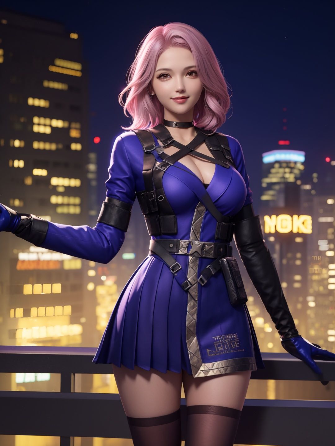 CFyunyouyouBW, 1girl, solo, pink hair, choker, dress, asymmetrical legwear, elbow gloves, belt,holster,  breasts, jewelry,cityscape, night, looking at viewer, mature female,<lora:CFyunyouyouBWi:0.75>,light smile, cowboy shot, 