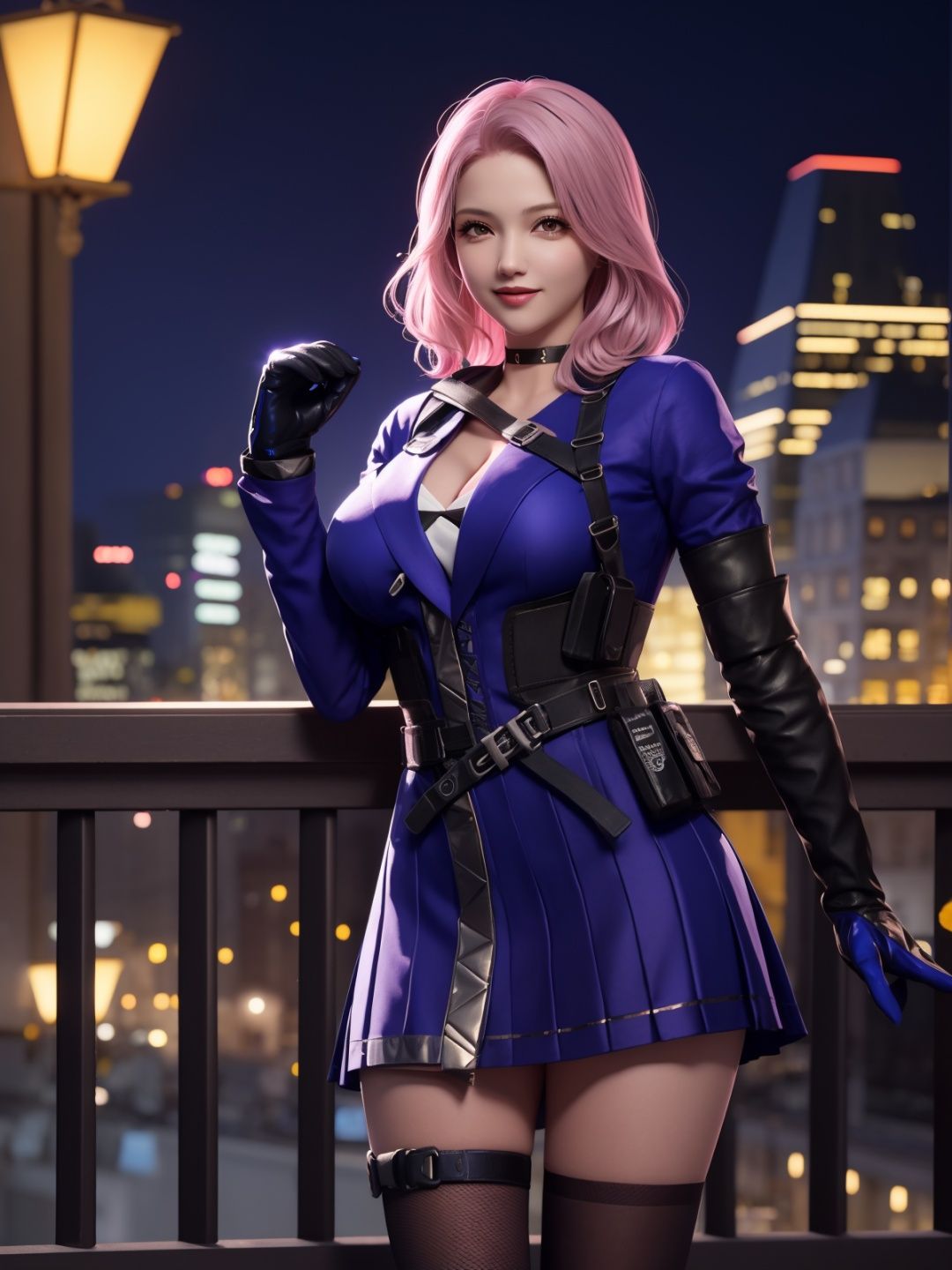 CFyunyouyouBW, 1girl, solo, pink hair, choker, dress, asymmetrical legwear, elbow gloves, belt,holster,  breasts, jewelry,cityscape, night, looking at viewer, mature female,<lora:CFyunyouyouBWi:0.75>,light smile, cowboy shot, 
