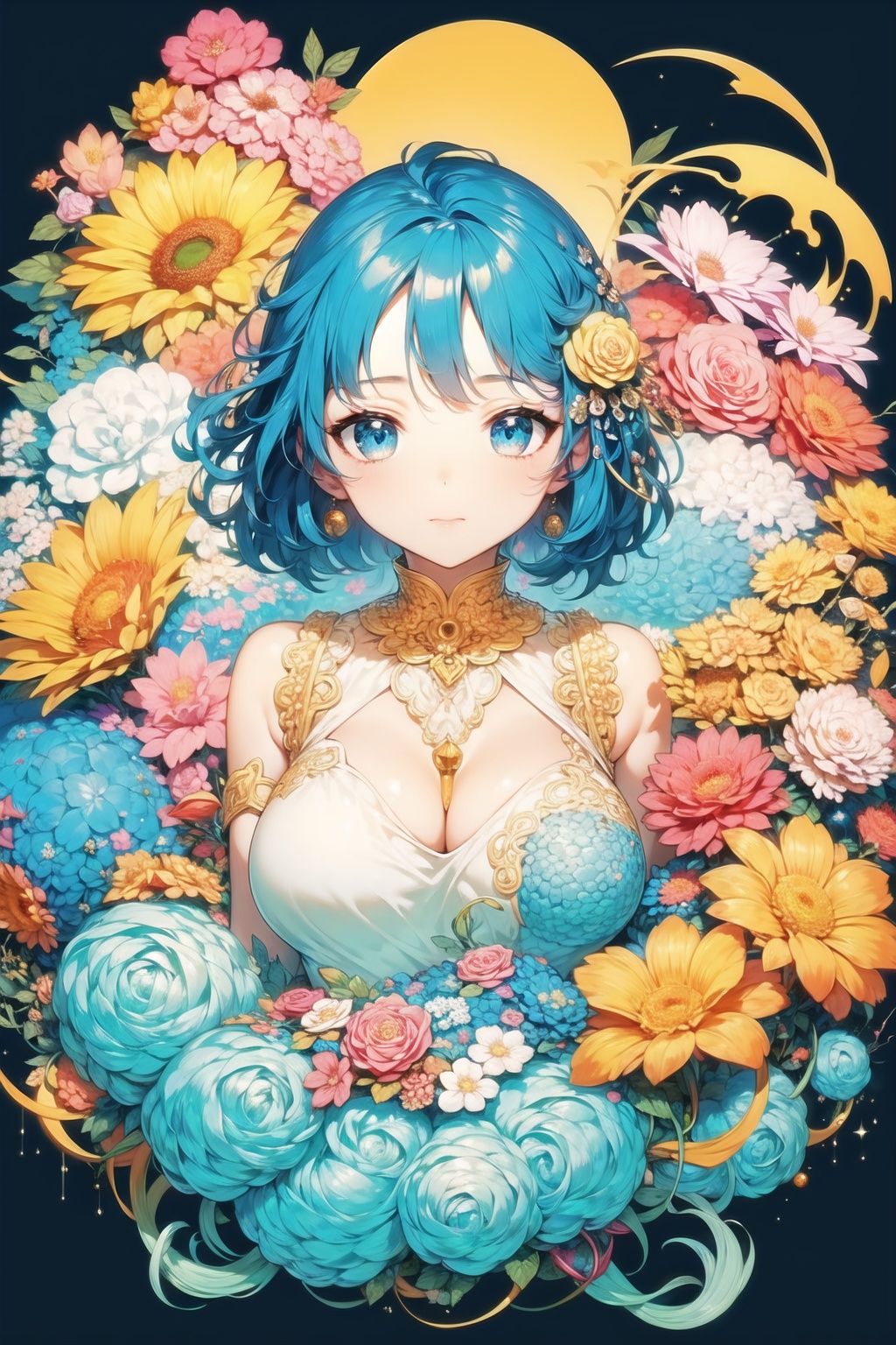 masterpiece, best quality, 1girl, flowers, lineart, abstract, ornate, blue theme