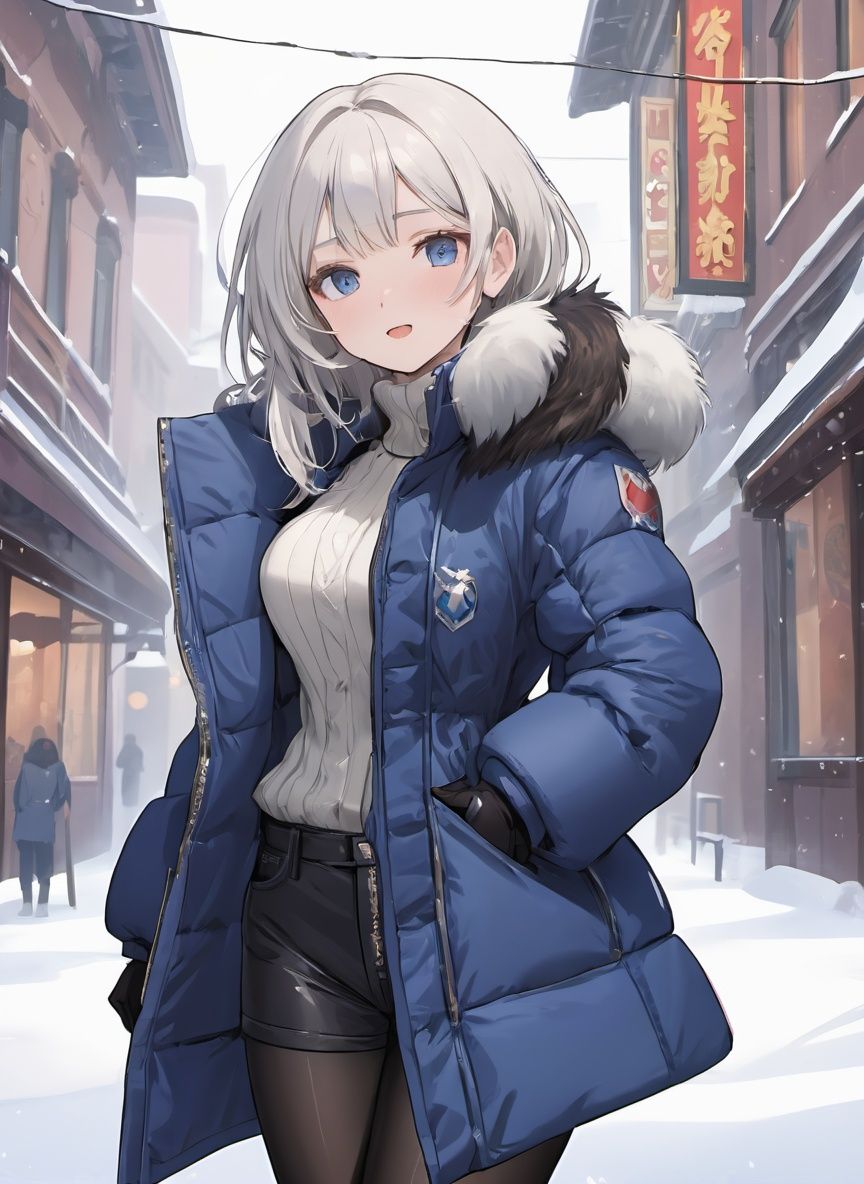 ,masterpiece,best quality,highres, highest quallity, ([illustration : realistic :0.4]:1.3),pov,(cowboy_shot,standing,),Perfect anatomy, (Captive pose,one hand on hip:1.3),(1girl,royal sister,solo,flat chest,Long_sexy_tight_legs,heavily detailled face, sweet face,white hair:1.3),([idol singer,detailed  realistic eyes, sweet lips,tsurime, light smile, eyelashes, eyeliner,: royal sister,Tsundere:0.7]:1.3),([hyper detailed pantyhose: torn pantyhose:0.6]:1.2),([puffer coat,winter clothes,cold,fur boots,winter gloves : detailed cloths,Metallic:0.7] :1.3),beautiful and clear background,NSF,(winter,winter park, snow,city, street,cinematic light, ultra detailed, :1.3),