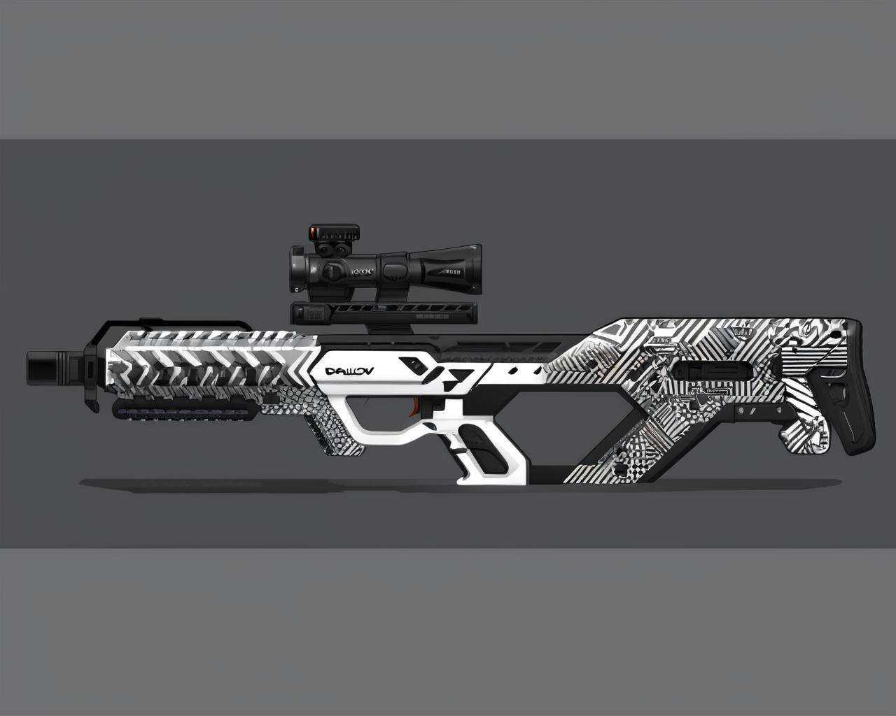 a white and black rifle laying on a gray background with a black and white pattern on it's side,  Dahlov Ipcar,  vector on...