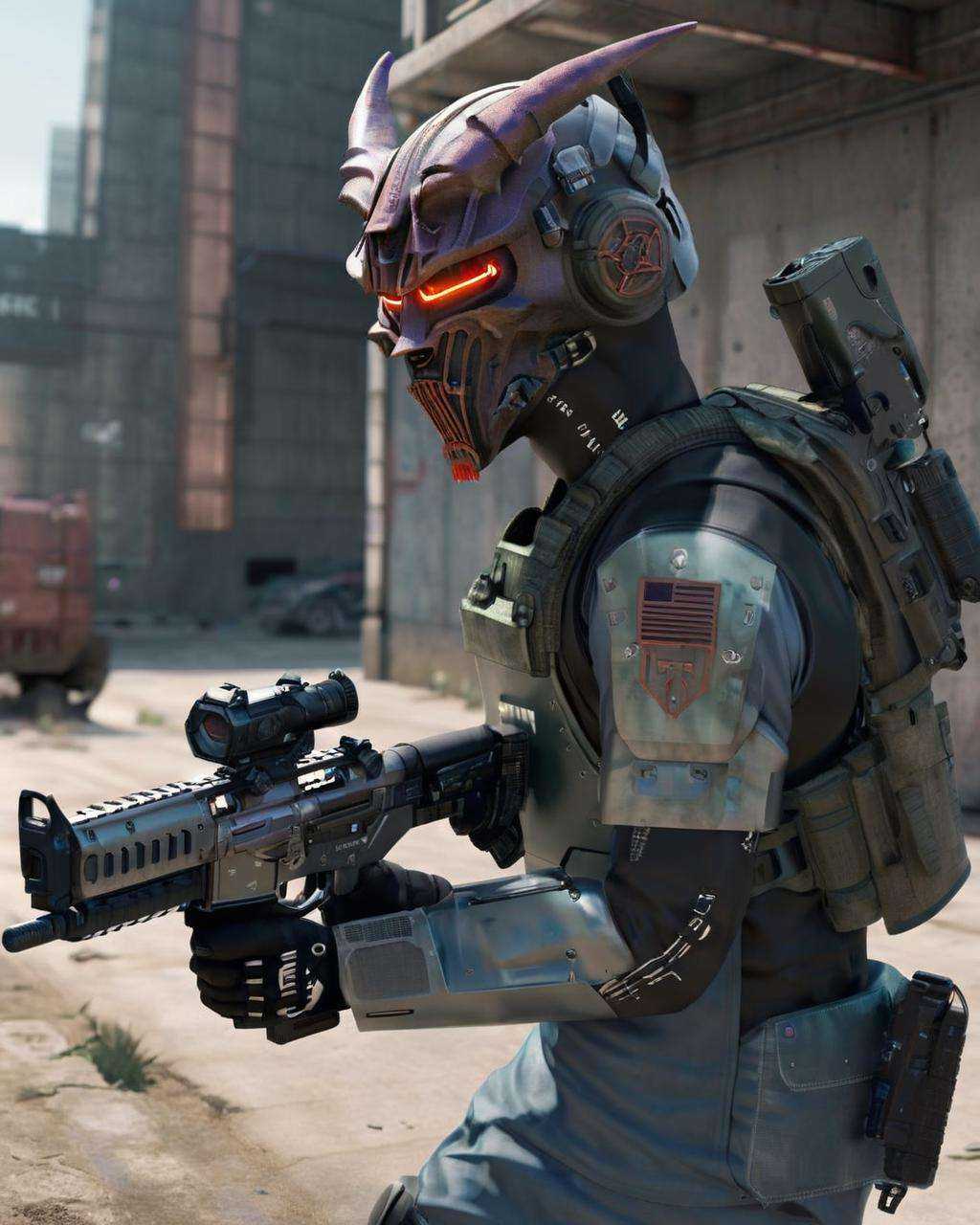 cyberpunk,  ,  soldier shooting with a rifle to the side on Tensor.Art