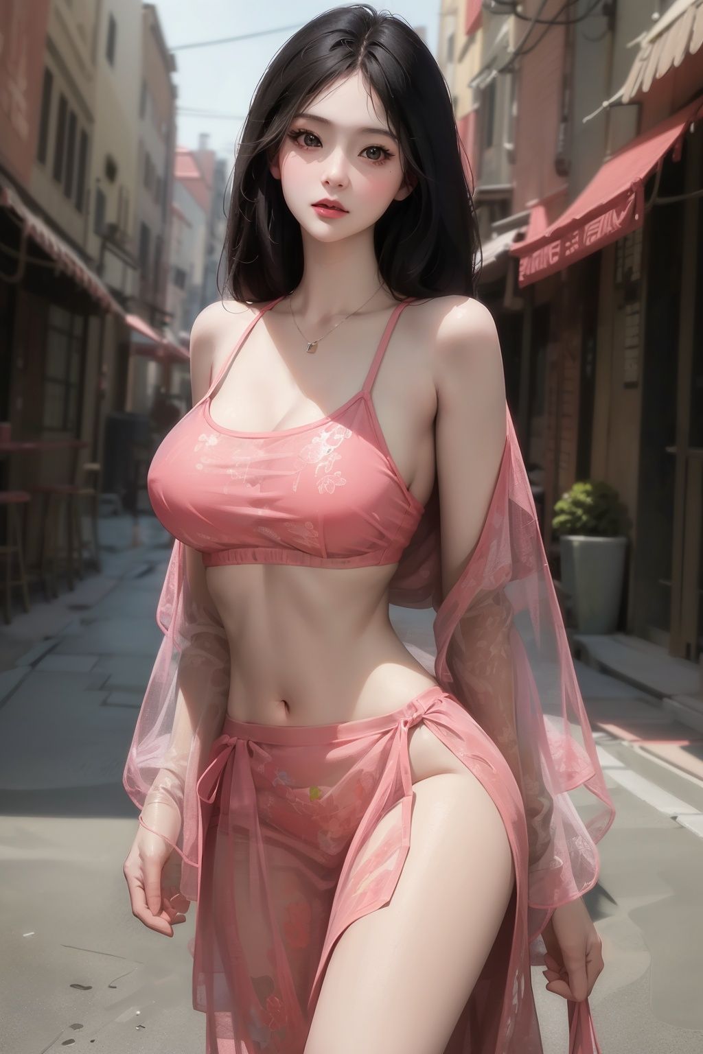 (8k, RAW photo, best quality, masterpiece:1.2),(realistic, photo-realistic:1.2)(raw photo) (extremely detailed CG unity 8k wallpaper) detailed and intricate,original,highres,(1girl)(solo)(looking at viewer)(pink dress)see-through, crop top, midriff, (large breasts)sex pose,(cowboy shot),(standing:1.2) beautiful concept illustration  (white background,simple background:1.1)<lora:xiaoshazi:0.2><lora:koreandolllikenessV20_v20:0.2>(arms behind back:1.1)