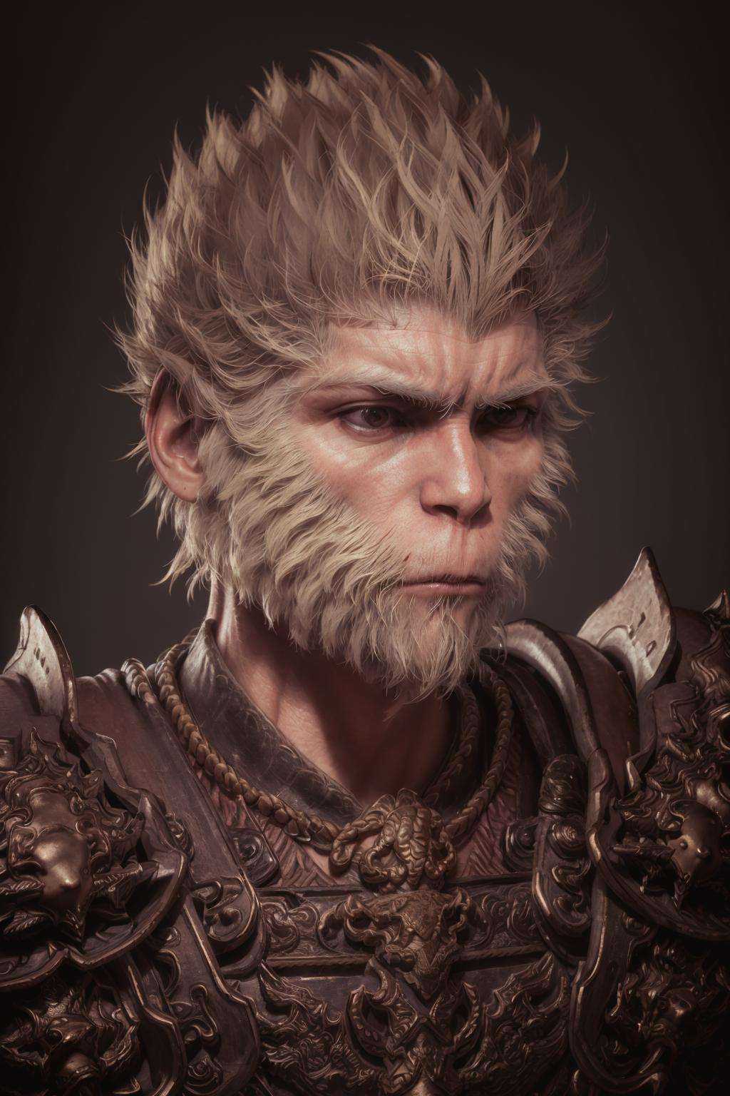 black monkey king, 1boy, solo, male focus, beard, armor, portrait, eyepatch, looking at viewer, realistic, closed mouth, close-up, shoulder armor, black background, scar