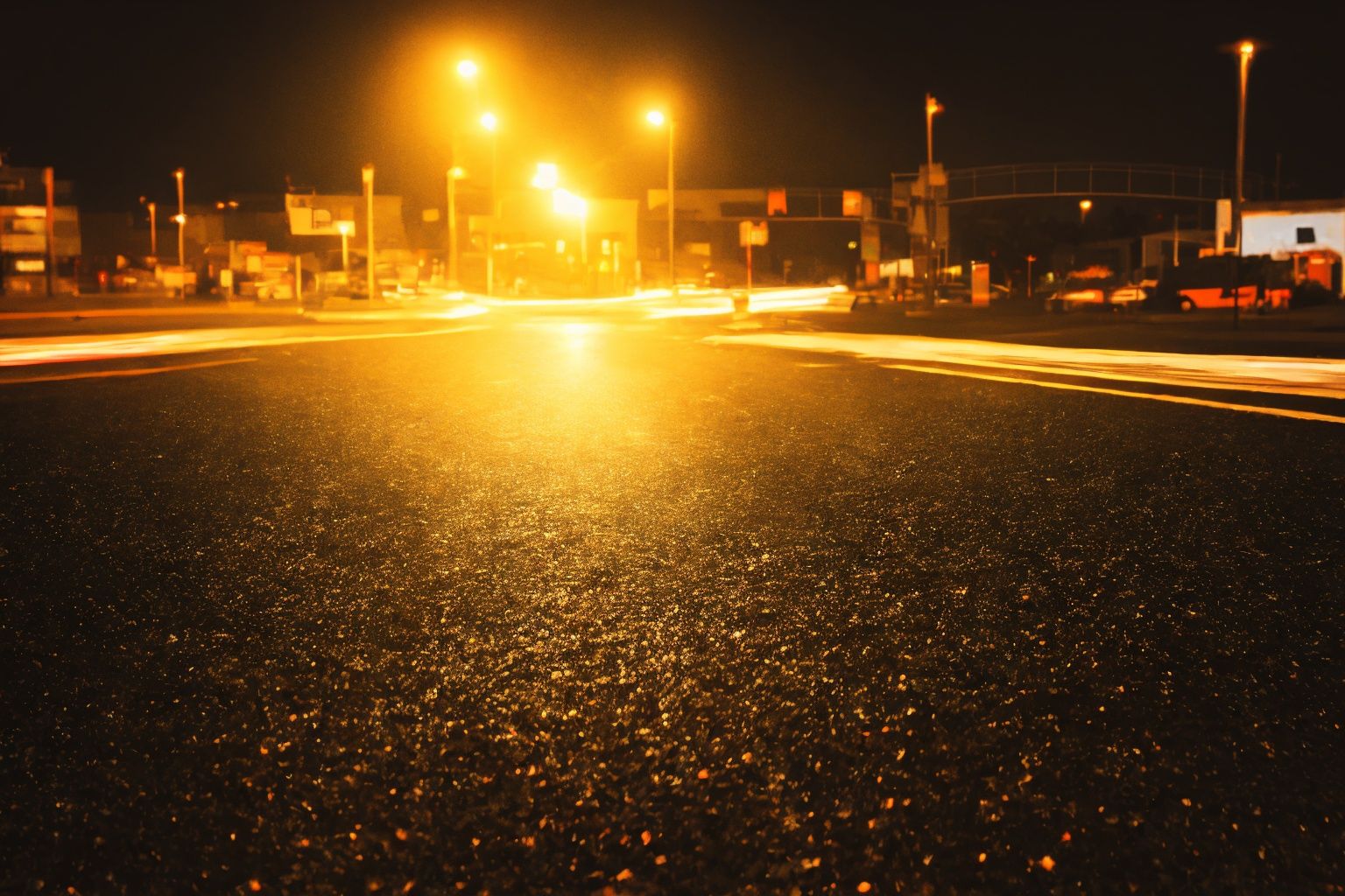pedestrian walkway with light streaks on pavement in urban area at night, 128k, DSLR, Kodak, octane render, masterpiece, best photography, volumetric lighting, ultra sharp, complex_background 