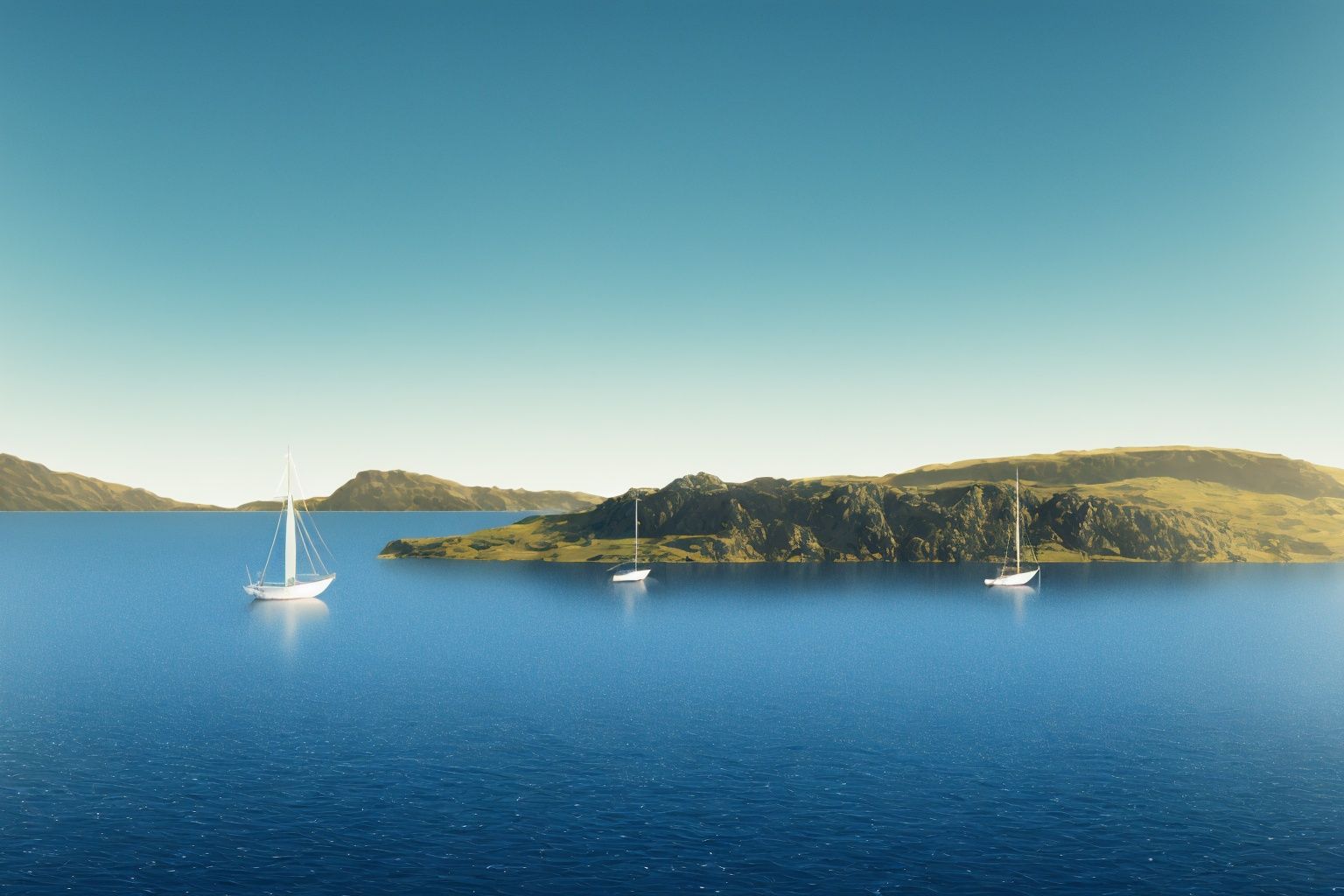 several boats are anchored on the water in front of an island, New Zealand, 128k, DSLR, Kodak, octane render, masterpiece, best photography, volumetric lighting, ultra sharp, complex_background 