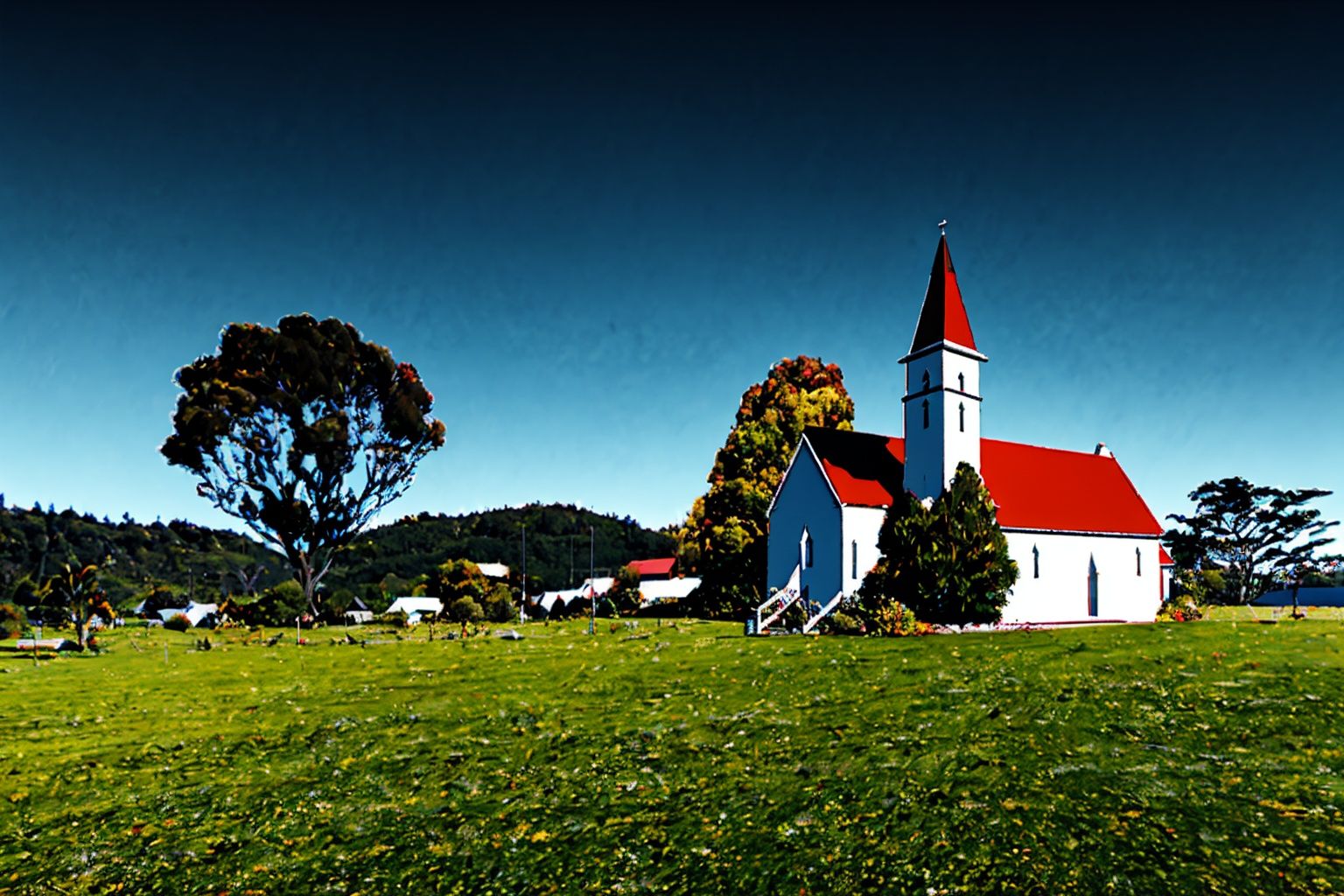 Stewart Island housing and church in New Zealand, 128k, DSLR, Kodak, octane render, masterpiece, best photography, volumetric lighting, 