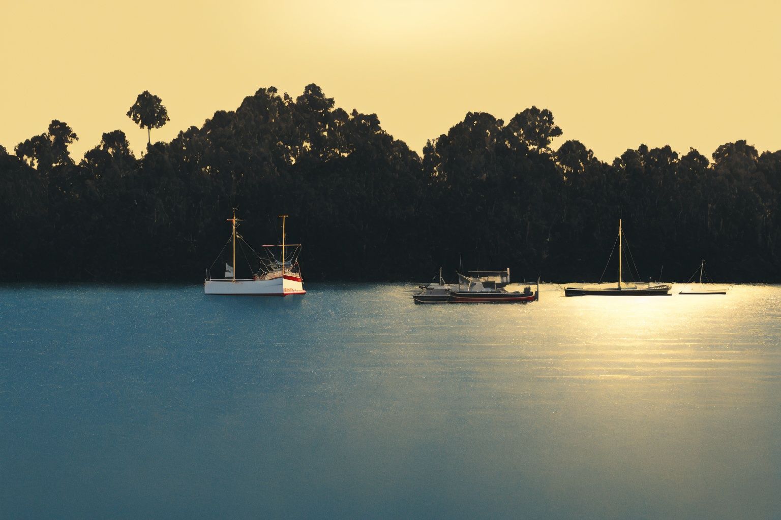 several boats are anchored on the water in front of an island, 128k, DSLR, Kodak, octane render, masterpiece, best photography, volumetric lighting, ultra sharp, complex_background 