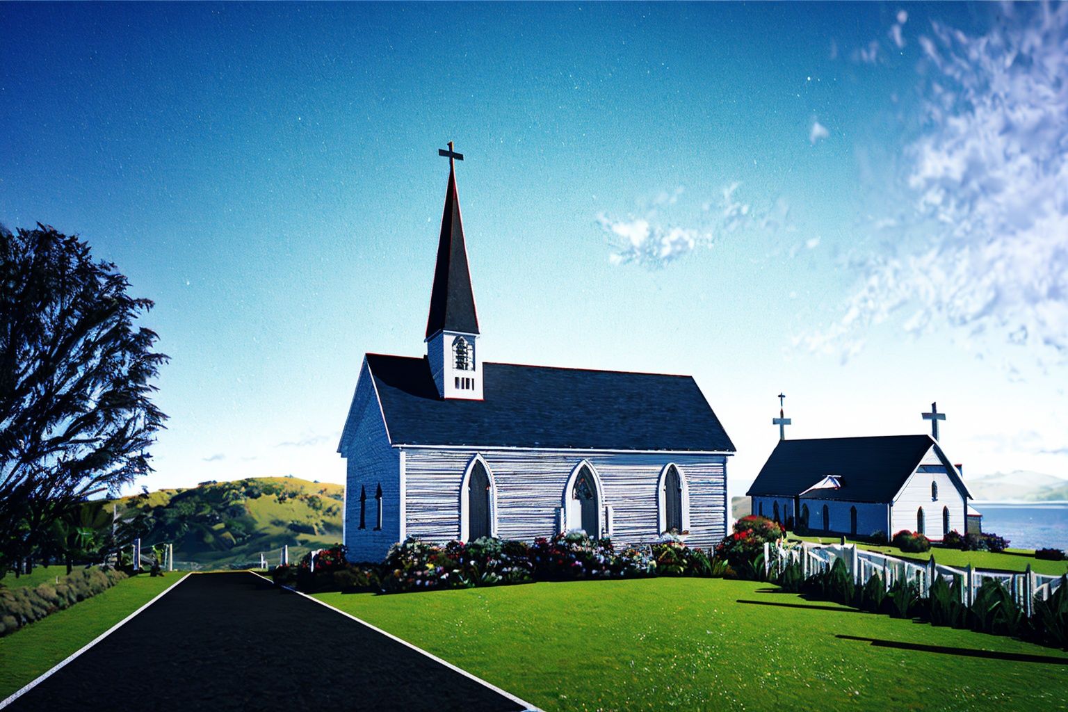 Stewart Island housing and church in New Zealand, 128k, DSLR, Kodak, octane render, masterpiece, best photography, volumetric lighting, 