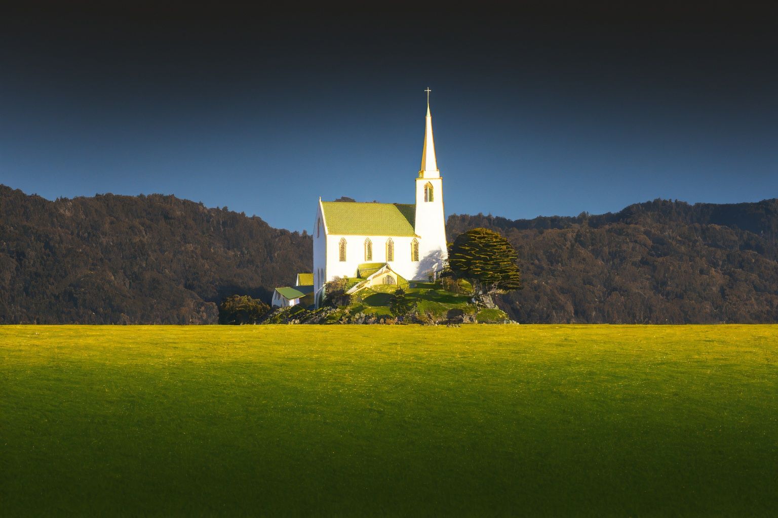 Stewart Island housing and church in New Zealand, 128k, DSLR, Kodak, octane render, masterpiece, best photography, volumetric lighting, ultra sharp, complex_background 