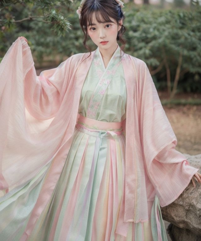 masterpiece, best quality,realistic,1girl,(hanfu, pink short shan,  gradient green pleated skirt, pink songmo),, upper body, (good face), 