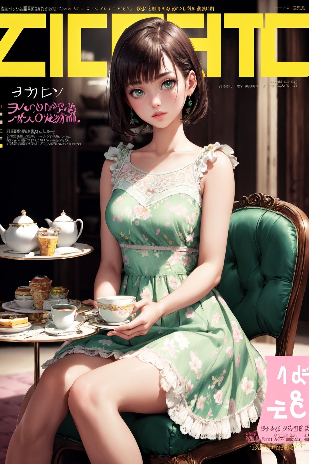 masterpiece, best quality,girly style, lace dresses, pastel colors, floral prints, high-waisted skirts, ballet flats, delicate accessories, cafe, indoors, high tea, sit down, table,a young beautiful girl, green eyes, brown short hair, ultra detailed, official art, unity 8k wallpaper, (fashion magazine cover:1.3),