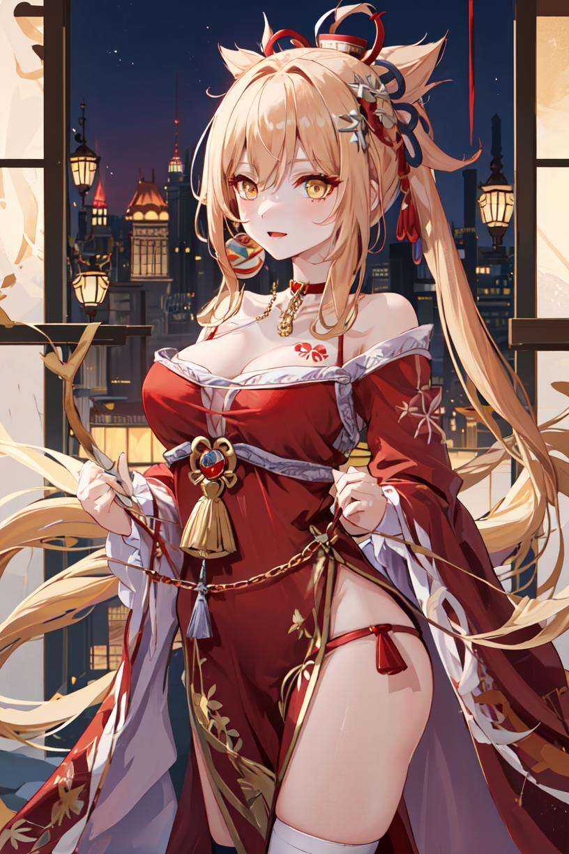 masterpiece, best quality, 1girl, yoimiya \(genshin impact\),  yellow eyes, <lora:Genshin_Yoimiya_AP_v2:0.6:LESS>, long dress, (red nightgown:1.3), necklace, black thighhighs, golden