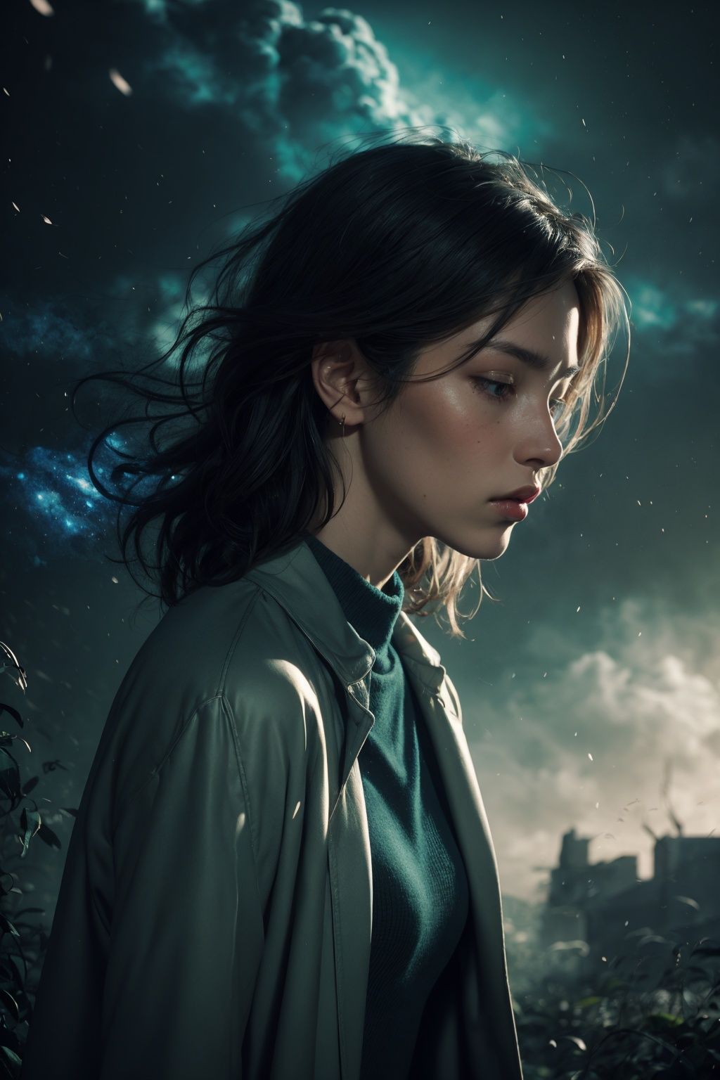 of a beatutiful woman wearing a long coat on a open field,  embers of memories,  colorful on Tensor.Art