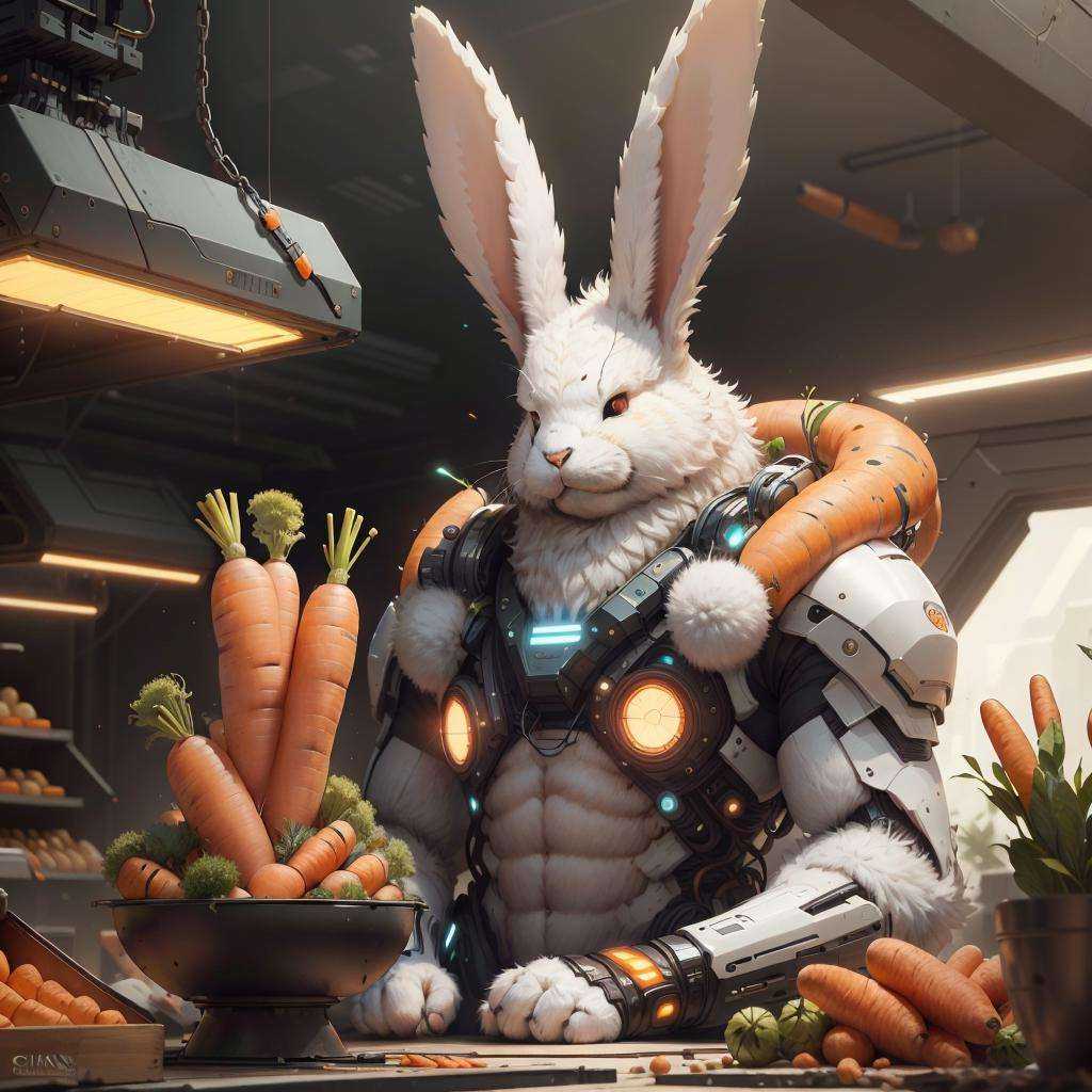 <lora:BunnyTech-20:0.8>,bunnytech ,   fluffy ,  carrots, scifi, man, <lora:Gigachadv1:0.65> gigachad, silver glowing hair ,