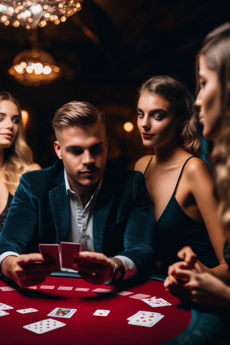 man playing cards with beautiful girls standing beside him,  8k,  UHD on Tensor.Art