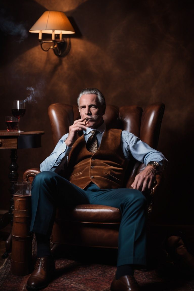 powerful man sitting on leather chair smoking cigar with wine glass in hand,  hunting dog beside chair on Tensor.Art