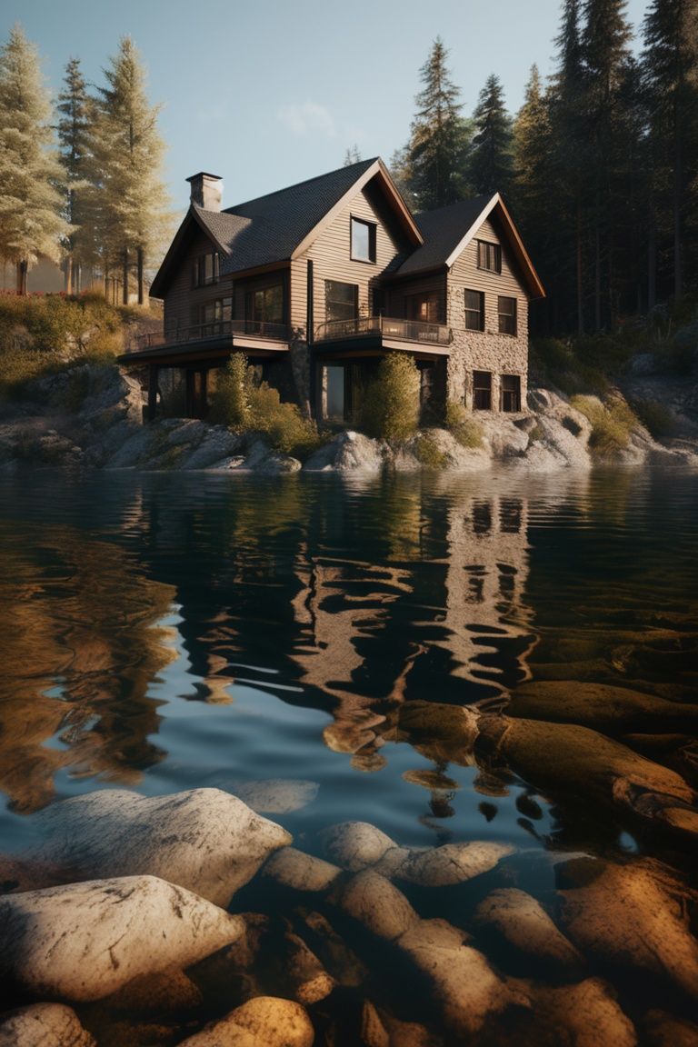 The house is next to the lake,  the lake surface is rippled,  realistic on Tensor.Art