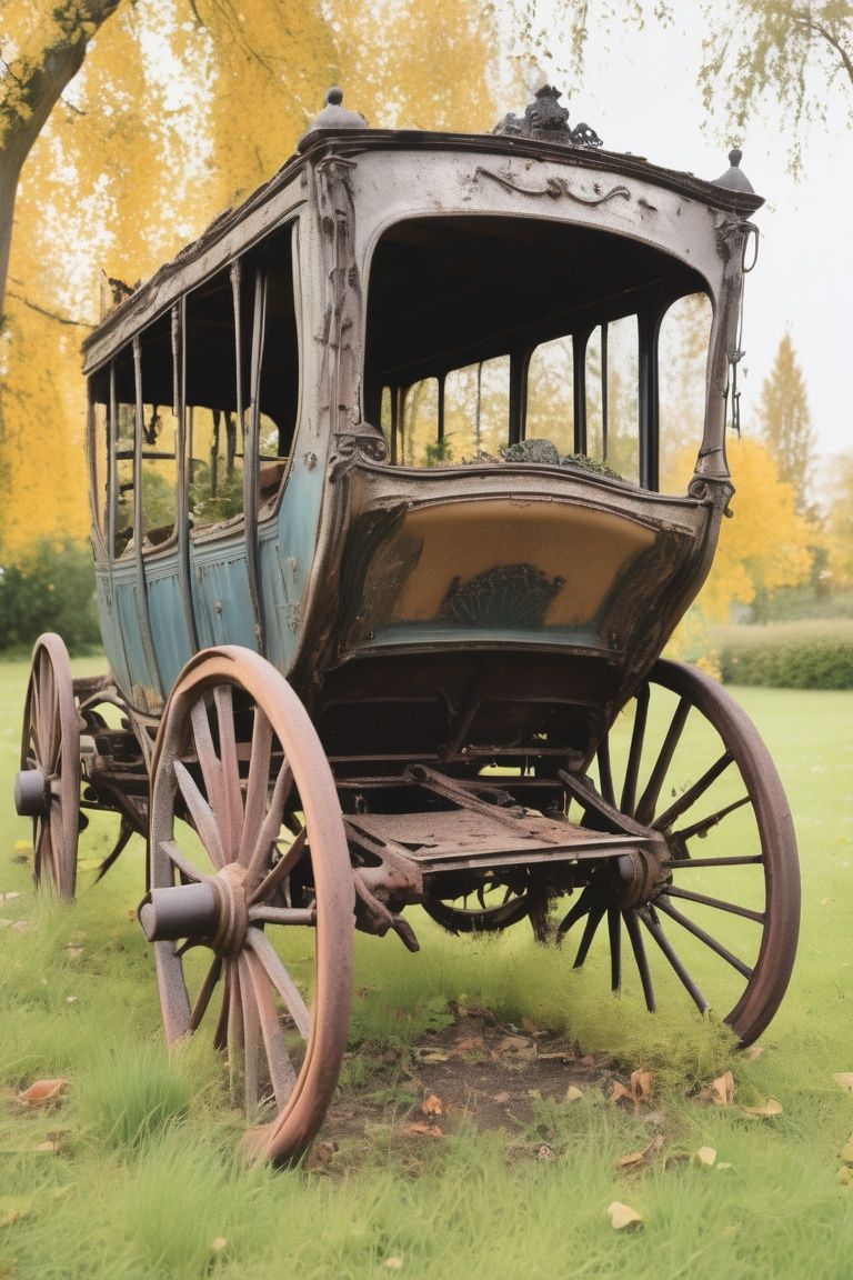 abandoned garden,  rotting carriage on yellowed lawn,  best quality on Tensor.Art