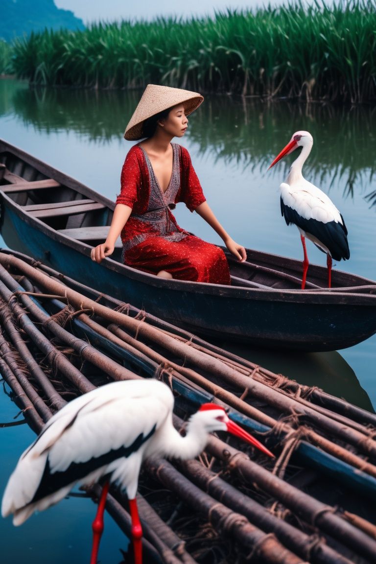 1girl standing on a small boat on the blue river,  storks parked along the river banks,  asian girl on Tensor.Art