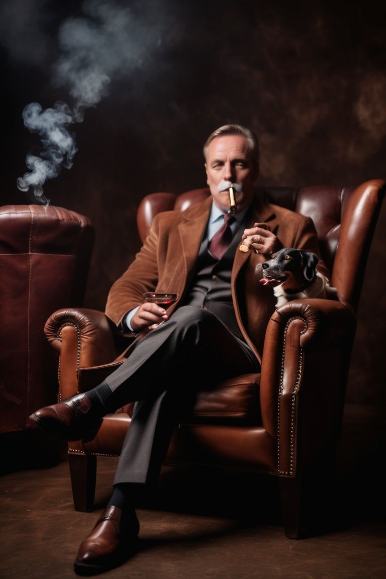 powerful man sitting on leather chair smoking cigar with wine glass in hand,  hunting dog beside chair on Tensor.Art