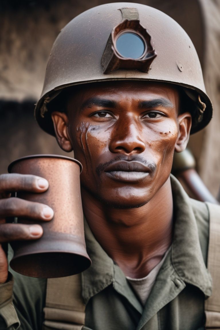 portrait soldier wearing rusty helmet hold iron water cup,  detail skin,  pore on Tensor.Art