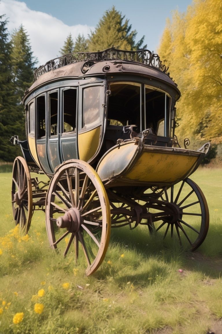 abandoned garden,  rotting carriage on yellowed lawn,  best quality on Tensor.Art