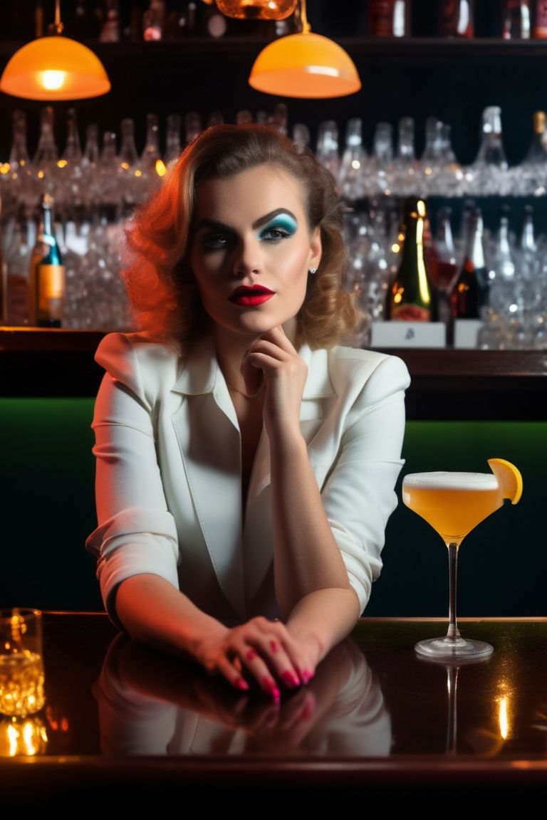 beauty girl sitting at bar 80s,  bartender standing in front of bartender,  glass of sparkling wine on table on Tensor.Art