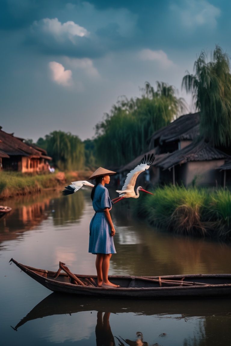 1girl standing on a small boat on the blue river,  storks parked along the river banks,  asian girl on Tensor.Art
