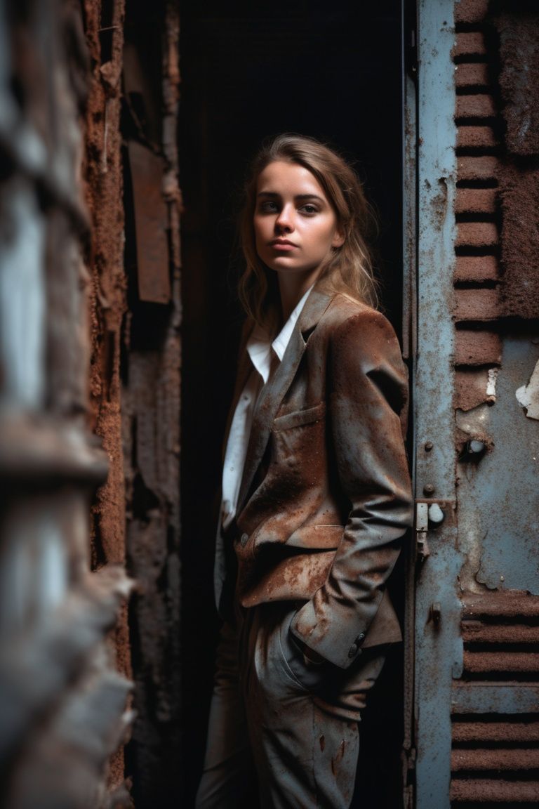 portrait girl in a worn-out suit in a dark alley,  a dilapidated house,  rusted iron on Tensor.Art