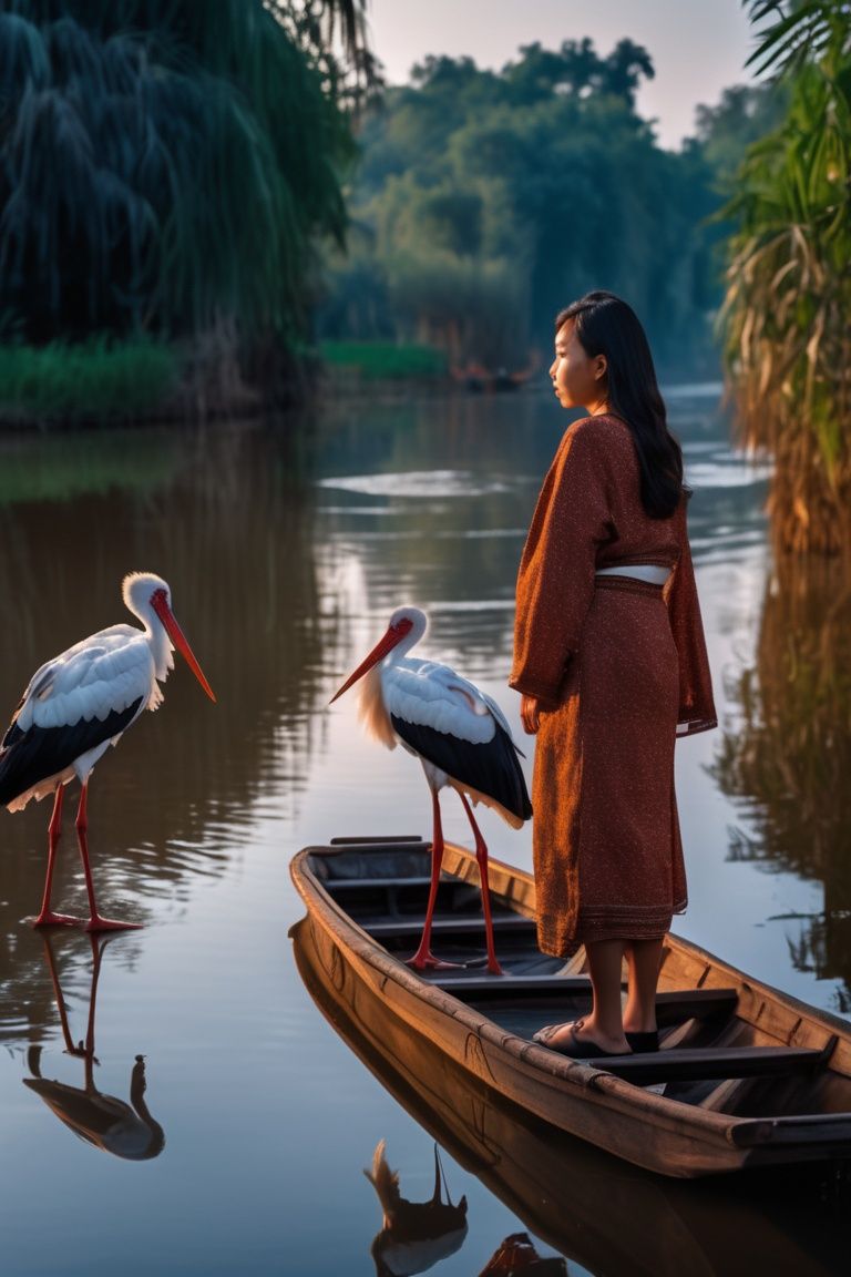 1girl standing on a small boat on the blue river,  storks parked along the river banks,  asian girl on Tensor.Art