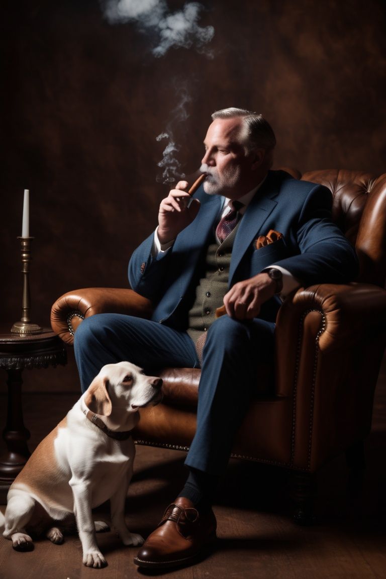 powerful man sitting on leather chair smoking cigar with wine glass in hand,  hunting dog beside chair on Tensor.Art