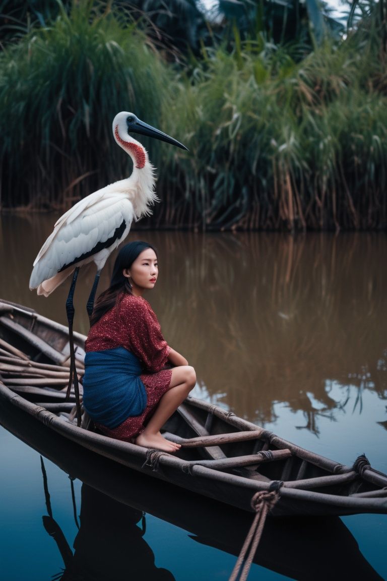 1girl standing on a small boat on the blue river,  storks parked along the river banks,  asian girl on Tensor.Art