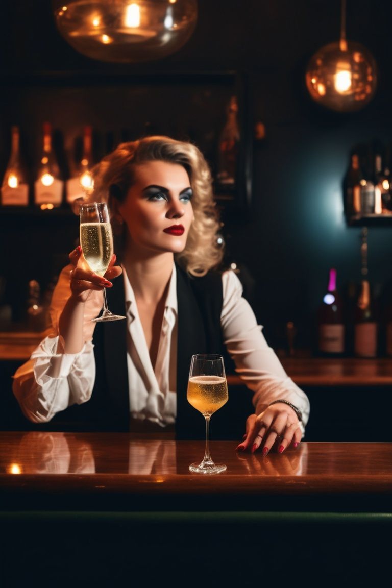 beauty girl sitting at bar 80s,  bartender standing in front of bartender,  glass of sparkling wine on table on Tensor.Art