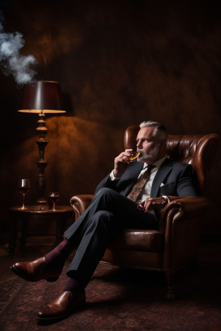 powerful man sitting on leather chair smoking cigar with wine glass in hand,  hunting dog beside chair on Tensor.Art