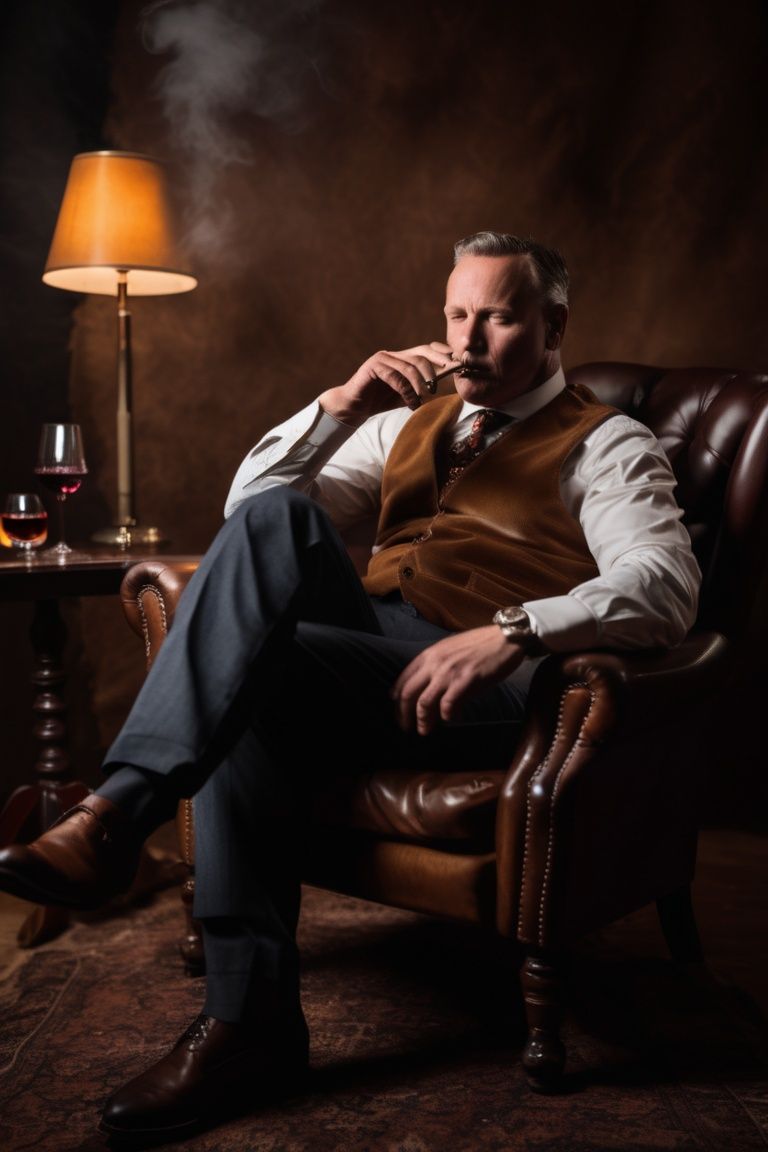 powerful man sitting on leather chair smoking cigar with wine glass in hand,  hunting dog beside chair on Tensor.Art